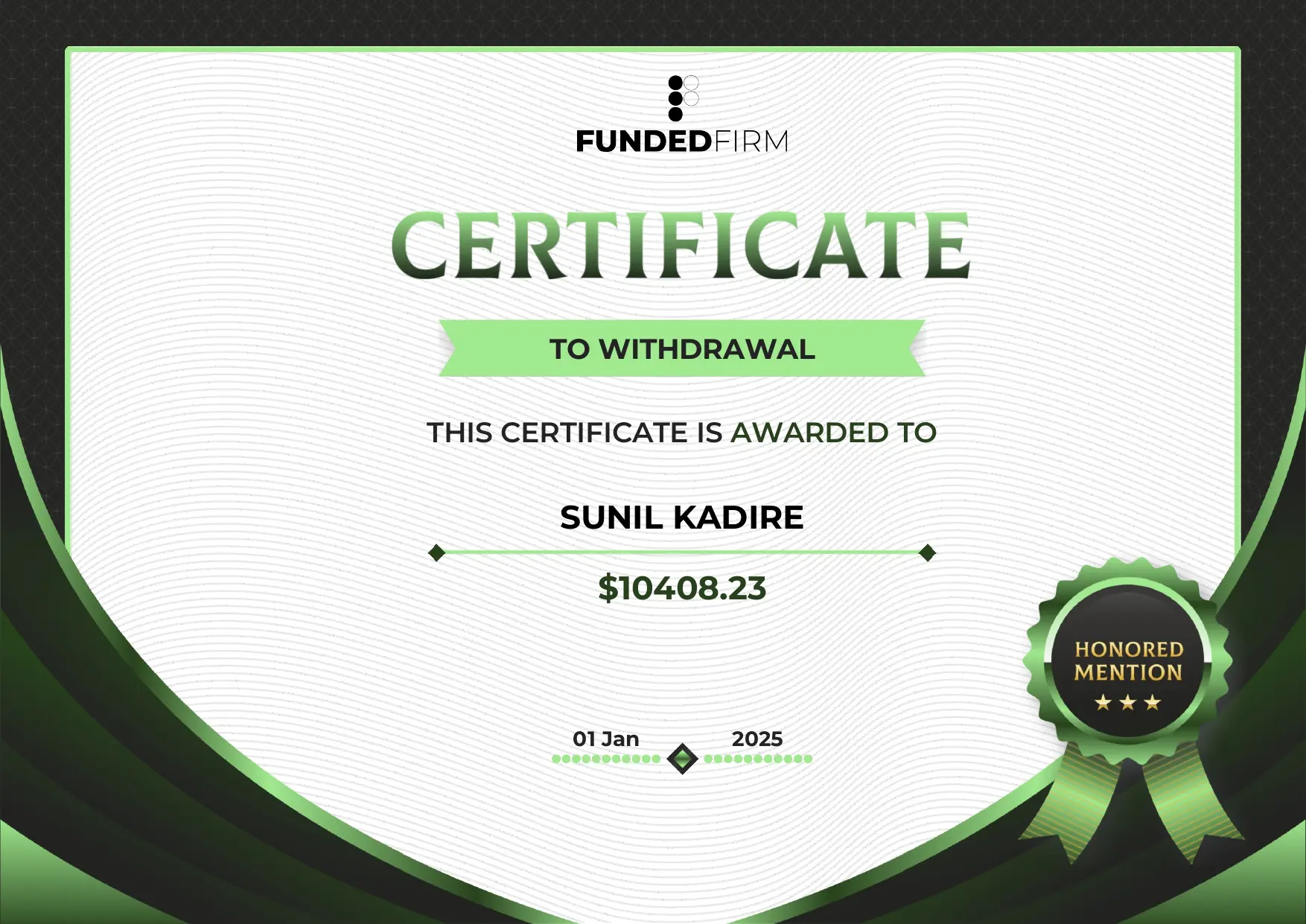 Sunil Kadire: $10,408.23 payout FundedFirm payout certificate for Sunil Kadire, $10,408.23